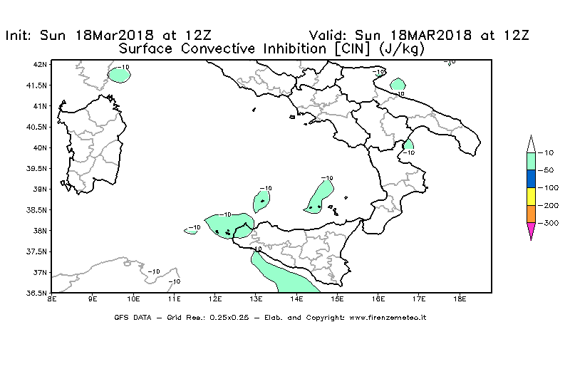 Mappa di analisi GFS - CIN [J/kg] in Sud-Italia
							del 18/03/2018 12 <!--googleoff: index-->UTC<!--googleon: index-->