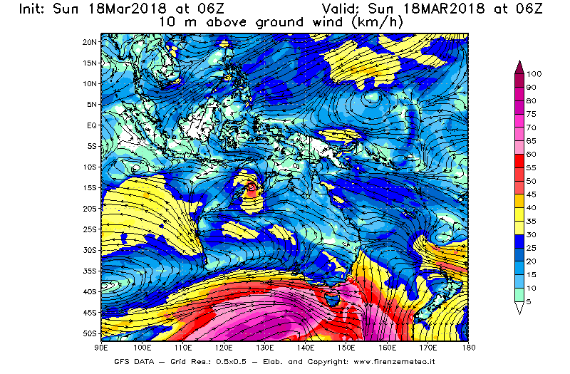 Mappa di analisi GFS - Velocità del vento a 10 metri dal suolo [km/h] in Oceania
							del 18/03/2018 06 <!--googleoff: index-->UTC<!--googleon: index-->