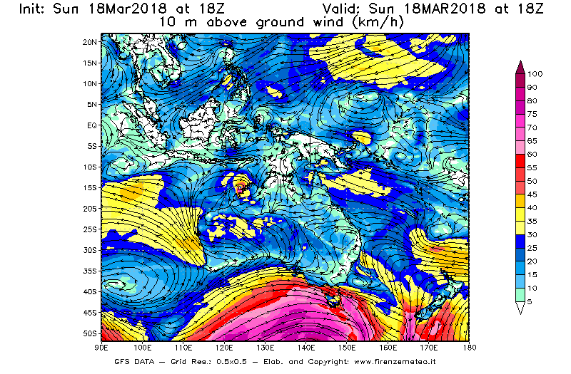 Mappa di analisi GFS - Velocità del vento a 10 metri dal suolo [km/h] in Oceania
							del 18/03/2018 18 <!--googleoff: index-->UTC<!--googleon: index-->