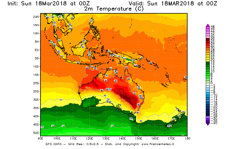 Mappa di analisi GFS - Temperatura a 2 metri dal suolo [°C] in Oceania
							del 18/03/2018 00 <!--googleoff: index-->UTC<!--googleon: index-->