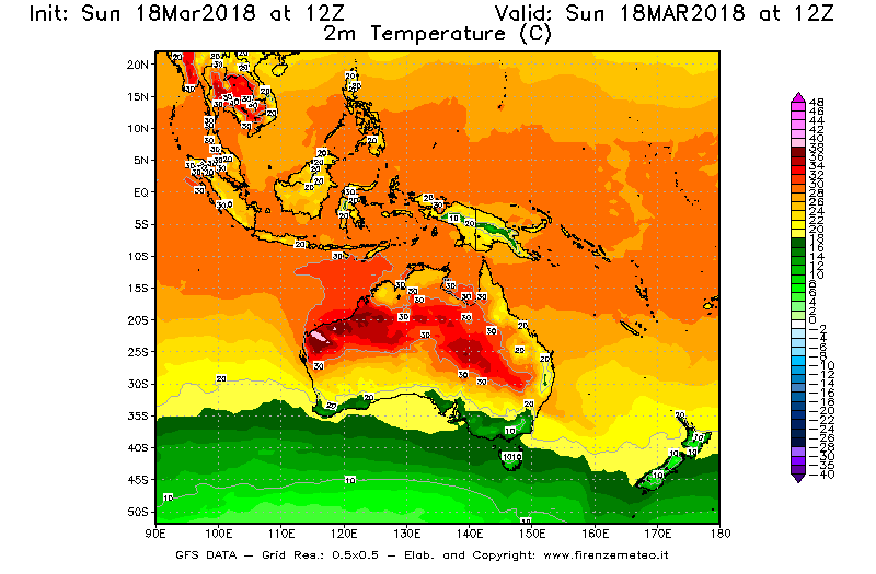 Mappa di analisi GFS - Temperatura a 2 metri dal suolo [°C] in Oceania
							del 18/03/2018 12 <!--googleoff: index-->UTC<!--googleon: index-->