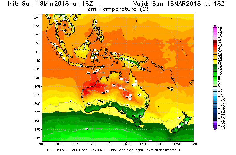 Mappa di analisi GFS - Temperatura a 2 metri dal suolo [°C] in Oceania
							del 18/03/2018 18 <!--googleoff: index-->UTC<!--googleon: index-->