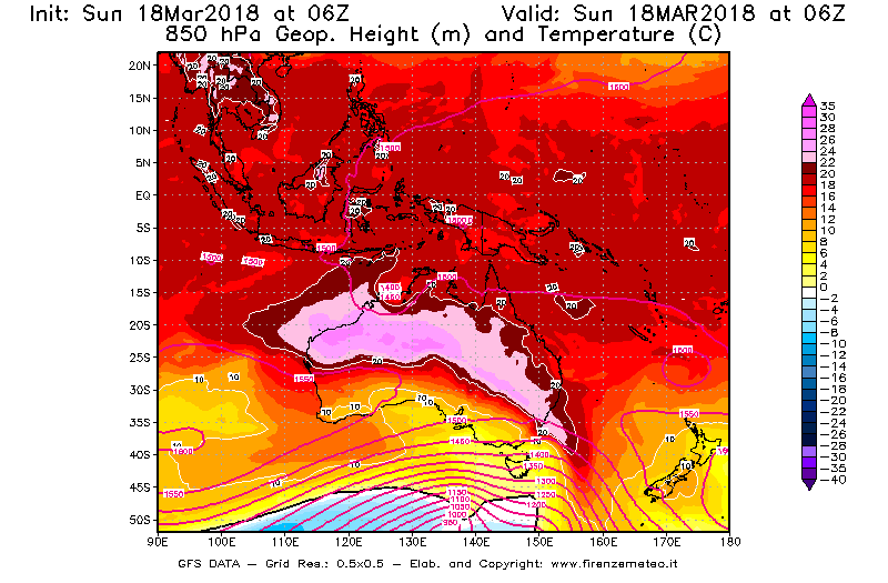 Mappa di analisi GFS - Geopotenziale [m] e Temperatura [°C] a 850 hPa in Oceania
							del 18/03/2018 06 <!--googleoff: index-->UTC<!--googleon: index-->