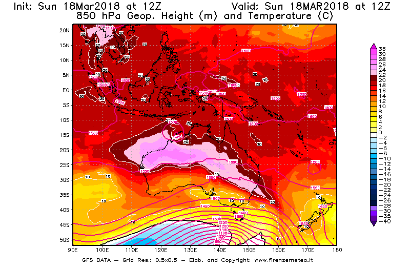 Mappa di analisi GFS - Geopotenziale [m] e Temperatura [°C] a 850 hPa in Oceania
							del 18/03/2018 12 <!--googleoff: index-->UTC<!--googleon: index-->
