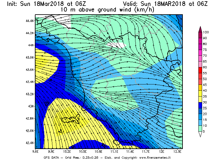Mappa di analisi GFS - Velocità del vento a 10 metri dal suolo [km/h] in Toscana
							del 18/03/2018 06 <!--googleoff: index-->UTC<!--googleon: index-->