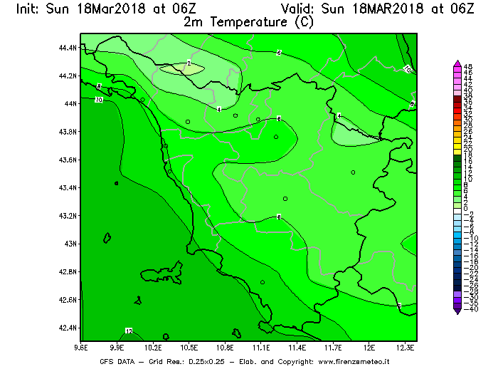 Mappa di analisi GFS - Temperatura a 2 metri dal suolo [°C] in Toscana
							del 18/03/2018 06 <!--googleoff: index-->UTC<!--googleon: index-->