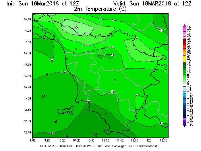 Mappa di analisi GFS - Temperatura a 2 metri dal suolo [°C] in Toscana
							del 18/03/2018 12 <!--googleoff: index-->UTC<!--googleon: index-->