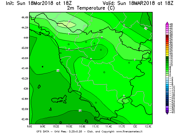 Mappa di analisi GFS - Temperatura a 2 metri dal suolo [°C] in Toscana
							del 18/03/2018 18 <!--googleoff: index-->UTC<!--googleon: index-->