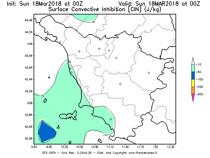 Mappa di analisi GFS - CIN [J/kg] in Toscana
							del 18/03/2018 00 <!--googleoff: index-->UTC<!--googleon: index-->