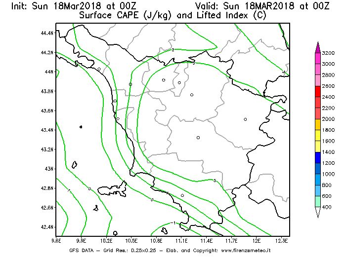 Mappa di analisi GFS - CAPE [J/kg] e Lifted Index [°C] in Toscana
							del 18/03/2018 00 <!--googleoff: index-->UTC<!--googleon: index-->