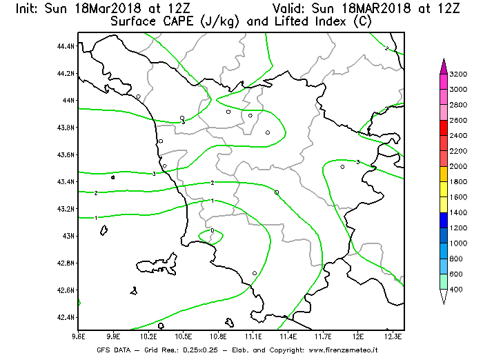 Mappa di analisi GFS - CAPE [J/kg] e Lifted Index [°C] in Toscana
							del 18/03/2018 12 <!--googleoff: index-->UTC<!--googleon: index-->