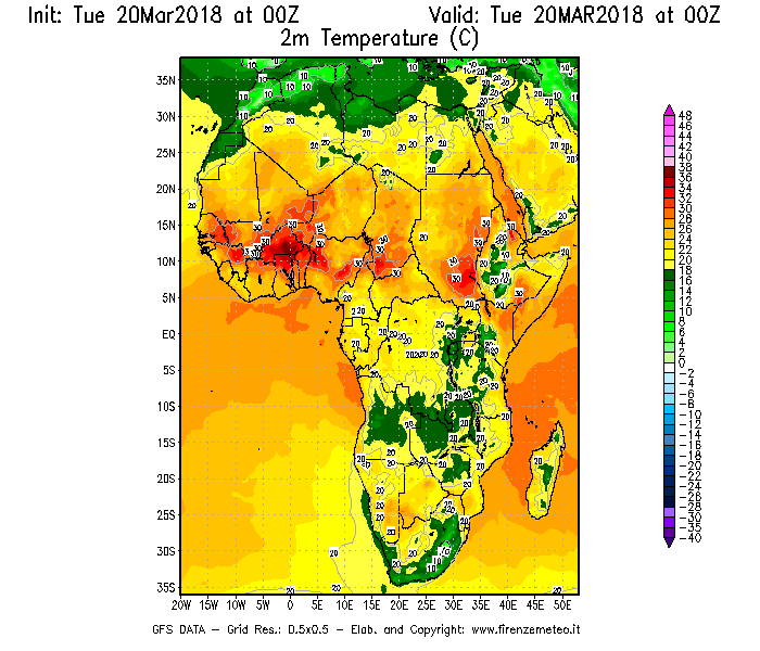 Mappa di analisi GFS - Temperatura a 2 metri dal suolo [°C] in Africa
							del 20/03/2018 00 <!--googleoff: index-->UTC<!--googleon: index-->