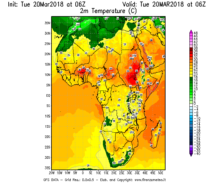 Mappa di analisi GFS - Temperatura a 2 metri dal suolo [°C] in Africa
							del 20/03/2018 06 <!--googleoff: index-->UTC<!--googleon: index-->