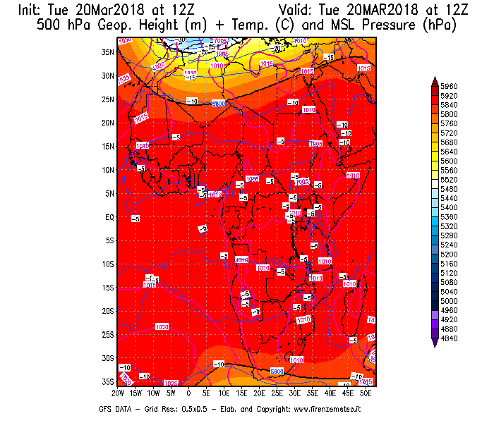 Mappa di analisi GFS - Geopotenziale [m] + Temp. [°C] a 500 hPa + Press. a livello del mare [hPa] in Africa
							del 20/03/2018 12 <!--googleoff: index-->UTC<!--googleon: index-->