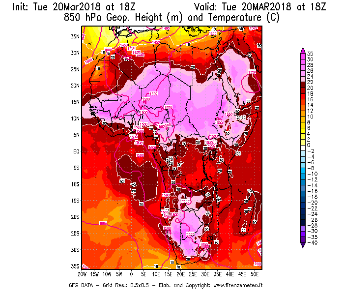 Mappa di analisi GFS - Geopotenziale [m] e Temperatura [°C] a 850 hPa in Africa
							del 20/03/2018 18 <!--googleoff: index-->UTC<!--googleon: index-->