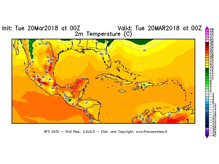 Mappa di analisi GFS - Temperatura a 2 metri dal suolo [°C] in Centro-America
							del 20/03/2018 00 <!--googleoff: index-->UTC<!--googleon: index-->