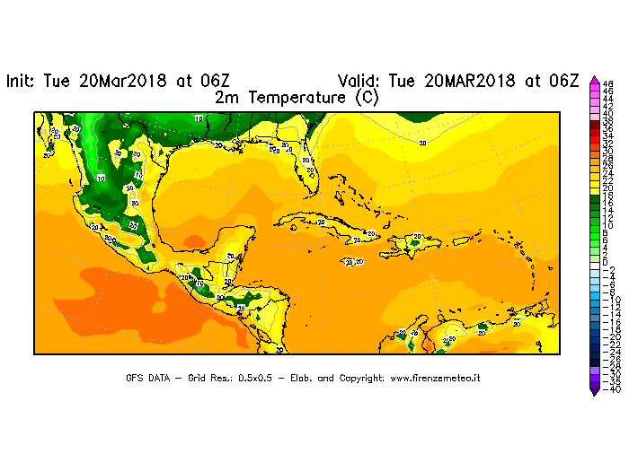 Mappa di analisi GFS - Temperatura a 2 metri dal suolo [°C] in Centro-America
							del 20/03/2018 06 <!--googleoff: index-->UTC<!--googleon: index-->