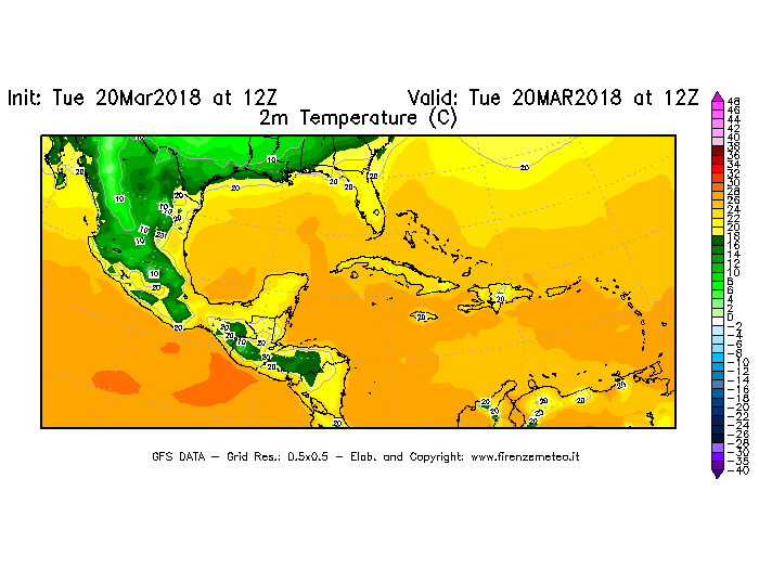 Mappa di analisi GFS - Temperatura a 2 metri dal suolo [°C] in Centro-America
							del 20/03/2018 12 <!--googleoff: index-->UTC<!--googleon: index-->