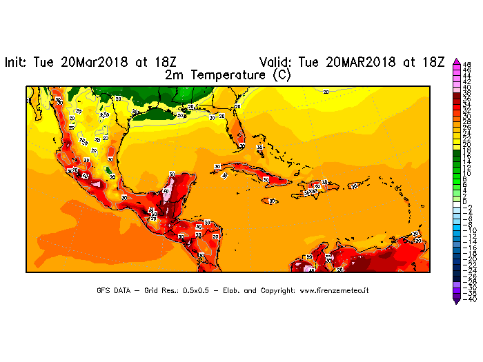 Mappa di analisi GFS - Temperatura a 2 metri dal suolo [°C] in Centro-America
							del 20/03/2018 18 <!--googleoff: index-->UTC<!--googleon: index-->