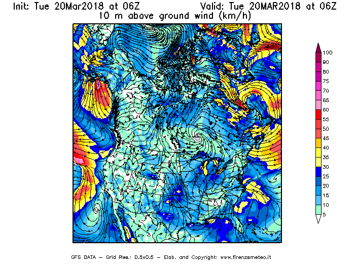 Mappa di analisi GFS - Velocità del vento a 10 metri dal suolo [km/h] in Nord-America
							del 20/03/2018 06 <!--googleoff: index-->UTC<!--googleon: index-->
