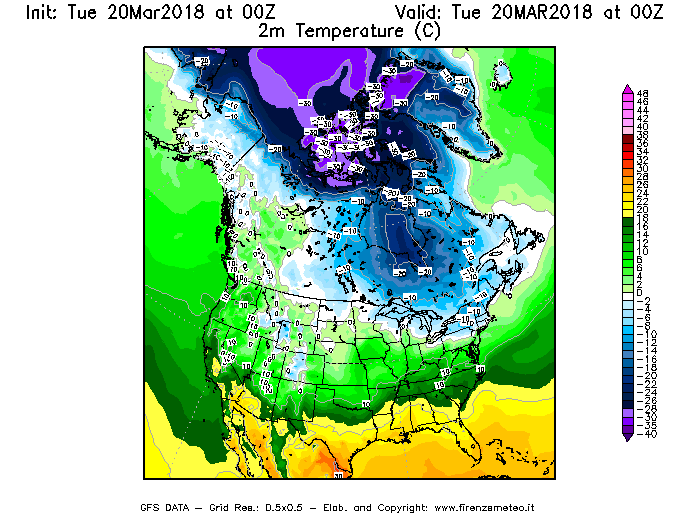 Mappa di analisi GFS - Temperatura a 2 metri dal suolo [°C] in Nord-America
							del 20/03/2018 00 <!--googleoff: index-->UTC<!--googleon: index-->