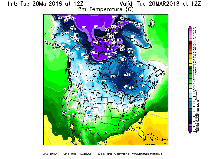 Mappa di analisi GFS - Temperatura a 2 metri dal suolo [°C] in Nord-America
							del 20/03/2018 12 <!--googleoff: index-->UTC<!--googleon: index-->