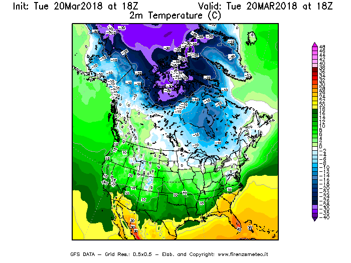 Mappa di analisi GFS - Temperatura a 2 metri dal suolo [°C] in Nord-America
							del 20/03/2018 18 <!--googleoff: index-->UTC<!--googleon: index-->