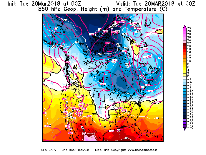 Mappa di analisi GFS - Geopotenziale [m] e Temperatura [°C] a 850 hPa in Nord-America
							del 20/03/2018 00 <!--googleoff: index-->UTC<!--googleon: index-->