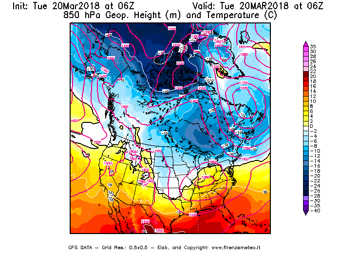 Mappa di analisi GFS - Geopotenziale [m] e Temperatura [°C] a 850 hPa in Nord-America
							del 20/03/2018 06 <!--googleoff: index-->UTC<!--googleon: index-->