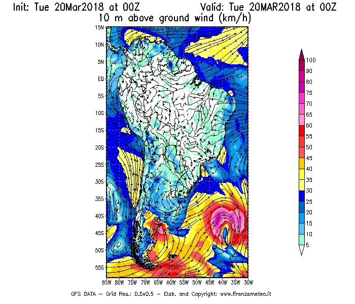 Mappa di analisi GFS - Velocità del vento a 10 metri dal suolo [km/h] in Sud-America
							del 20/03/2018 00 <!--googleoff: index-->UTC<!--googleon: index-->