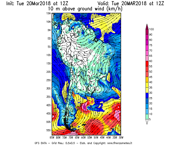 Mappa di analisi GFS - Velocità del vento a 10 metri dal suolo [km/h] in Sud-America
							del 20/03/2018 12 <!--googleoff: index-->UTC<!--googleon: index-->