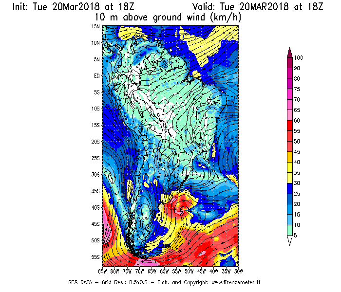 Mappa di analisi GFS - Velocità del vento a 10 metri dal suolo [km/h] in Sud-America
							del 20/03/2018 18 <!--googleoff: index-->UTC<!--googleon: index-->