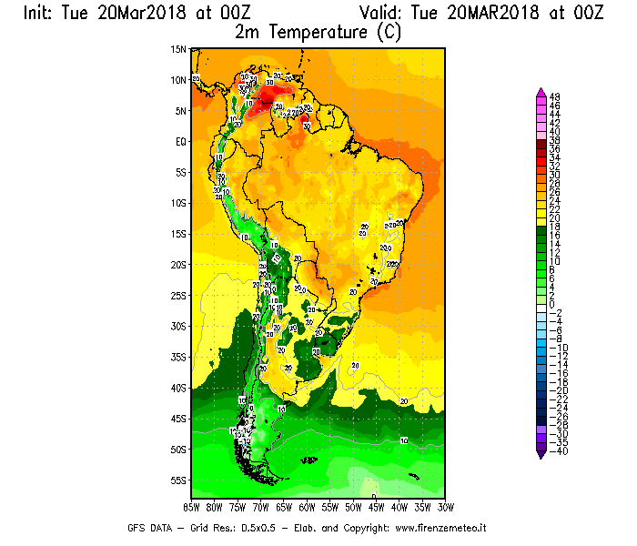 Mappa di analisi GFS - Temperatura a 2 metri dal suolo [°C] in Sud-America
							del 20/03/2018 00 <!--googleoff: index-->UTC<!--googleon: index-->