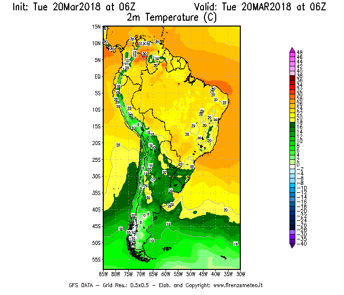 Mappa di analisi GFS - Temperatura a 2 metri dal suolo [°C] in Sud-America
							del 20/03/2018 06 <!--googleoff: index-->UTC<!--googleon: index-->