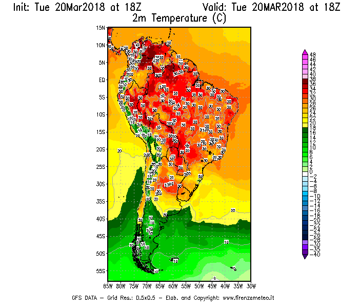 Mappa di analisi GFS - Temperatura a 2 metri dal suolo [°C] in Sud-America
							del 20/03/2018 18 <!--googleoff: index-->UTC<!--googleon: index-->