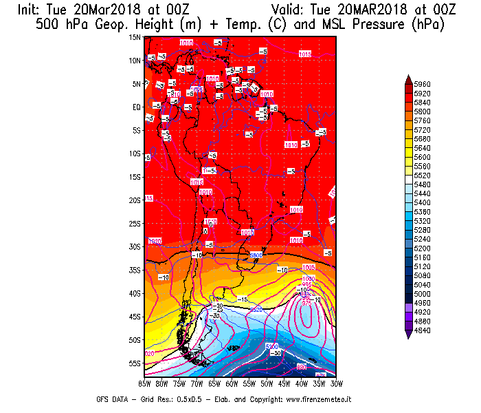 Mappa di analisi GFS - Geopotenziale [m] + Temp. [°C] a 500 hPa + Press. a livello del mare [hPa] in Sud-America
							del 20/03/2018 00 <!--googleoff: index-->UTC<!--googleon: index-->