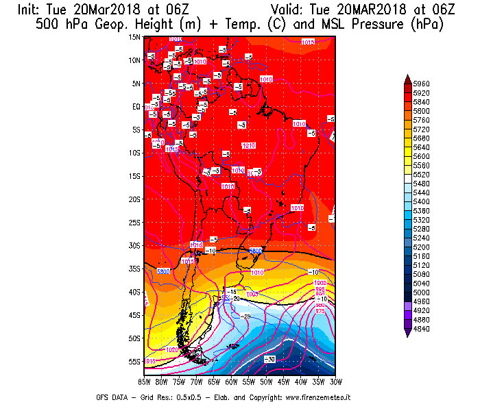 Mappa di analisi GFS - Geopotenziale [m] + Temp. [°C] a 500 hPa + Press. a livello del mare [hPa] in Sud-America
							del 20/03/2018 06 <!--googleoff: index-->UTC<!--googleon: index-->