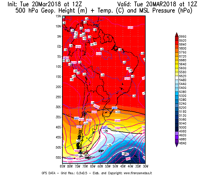 Mappa di analisi GFS - Geopotenziale [m] + Temp. [°C] a 500 hPa + Press. a livello del mare [hPa] in Sud-America
							del 20/03/2018 12 <!--googleoff: index-->UTC<!--googleon: index-->