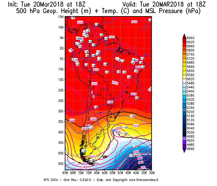 Mappa di analisi GFS - Geopotenziale [m] + Temp. [°C] a 500 hPa + Press. a livello del mare [hPa] in Sud-America
							del 20/03/2018 18 <!--googleoff: index-->UTC<!--googleon: index-->