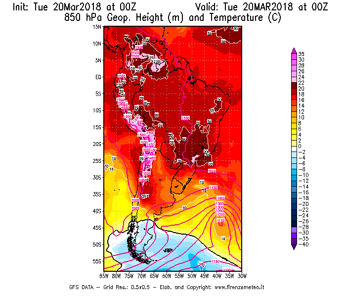 Mappa di analisi GFS - Geopotenziale [m] e Temperatura [°C] a 850 hPa in Sud-America
							del 20/03/2018 00 <!--googleoff: index-->UTC<!--googleon: index-->