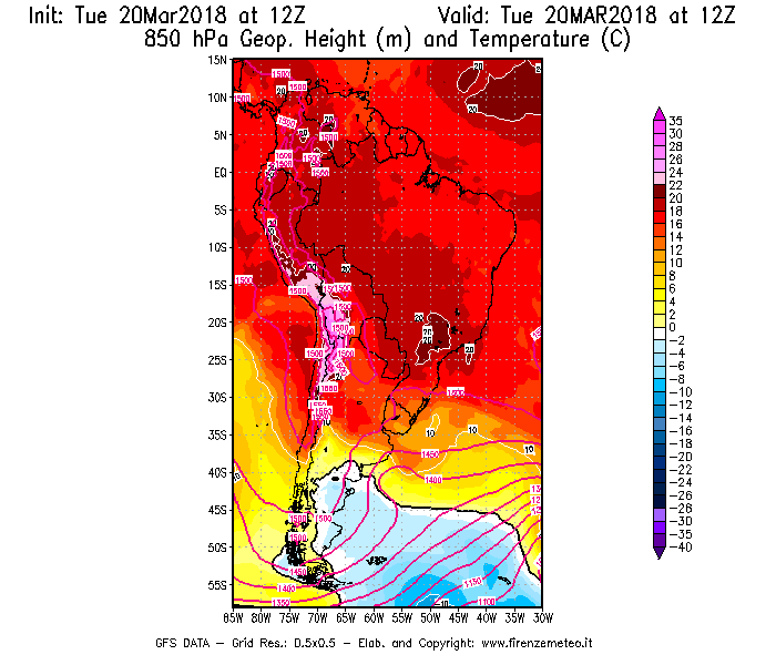 Mappa di analisi GFS - Geopotenziale [m] e Temperatura [°C] a 850 hPa in Sud-America
							del 20/03/2018 12 <!--googleoff: index-->UTC<!--googleon: index-->