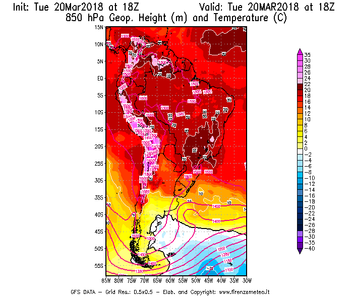 Mappa di analisi GFS - Geopotenziale [m] e Temperatura [°C] a 850 hPa in Sud-America
							del 20/03/2018 18 <!--googleoff: index-->UTC<!--googleon: index-->