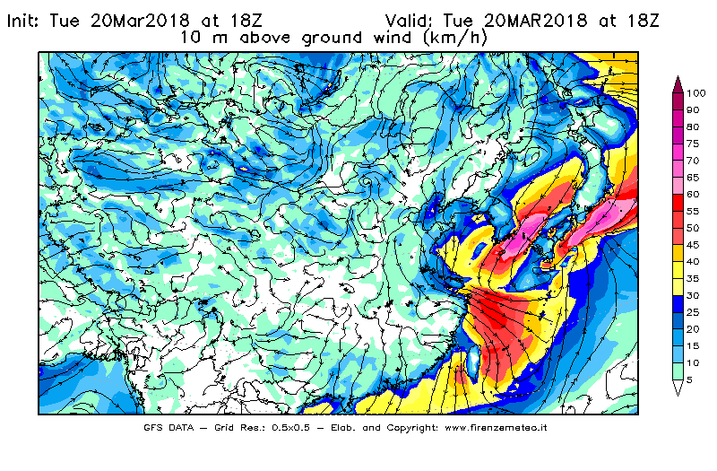 Mappa di analisi GFS - Velocità del vento a 10 metri dal suolo [km/h] in Asia Orientale
							del 20/03/2018 18 <!--googleoff: index-->UTC<!--googleon: index-->