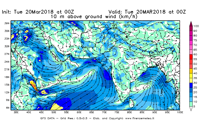 Mappa di analisi GFS - Velocità del vento a 10 metri dal suolo [km/h] in Asia Sud-Occidentale
							del 20/03/2018 00 <!--googleoff: index-->UTC<!--googleon: index-->