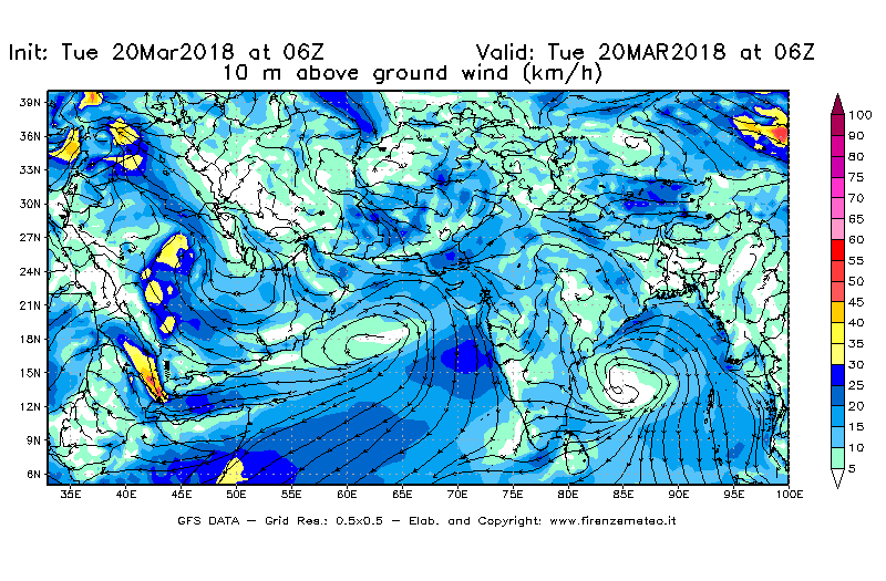 Mappa di analisi GFS - Velocità del vento a 10 metri dal suolo [km/h] in Asia Sud-Occidentale
							del 20/03/2018 06 <!--googleoff: index-->UTC<!--googleon: index-->