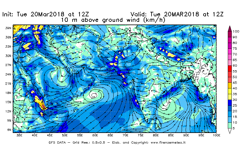 Mappa di analisi GFS - Velocità del vento a 10 metri dal suolo [km/h] in Asia Sud-Occidentale
							del 20/03/2018 12 <!--googleoff: index-->UTC<!--googleon: index-->