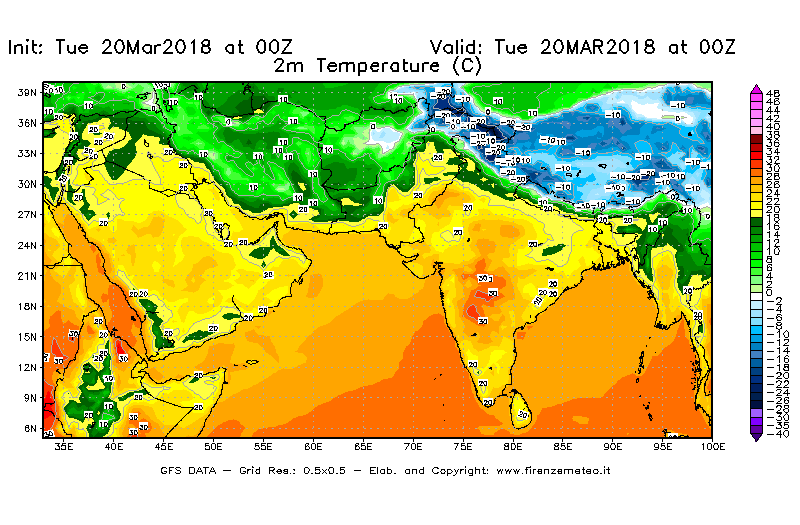 Mappa di analisi GFS - Temperatura a 2 metri dal suolo [°C] in Asia Sud-Occidentale
							del 20/03/2018 00 <!--googleoff: index-->UTC<!--googleon: index-->
