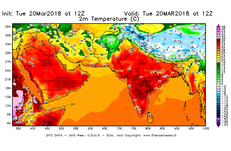 Mappa di analisi GFS - Temperatura a 2 metri dal suolo [°C] in Asia Sud-Occidentale
							del 20/03/2018 12 <!--googleoff: index-->UTC<!--googleon: index-->