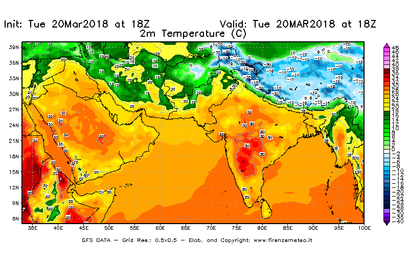 Mappa di analisi GFS - Temperatura a 2 metri dal suolo [°C] in Asia Sud-Occidentale
							del 20/03/2018 18 <!--googleoff: index-->UTC<!--googleon: index-->