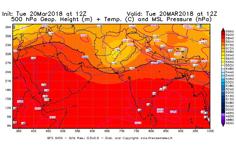 Mappa di analisi GFS - Geopotenziale [m] + Temp. [°C] a 500 hPa + Press. a livello del mare [hPa] in Asia Sud-Occidentale
							del 20/03/2018 12 <!--googleoff: index-->UTC<!--googleon: index-->